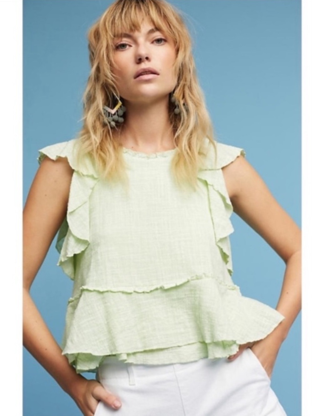 Anthropologie Maeve Light Green Cascade Ruffle Flutter Sleeve Top Medium